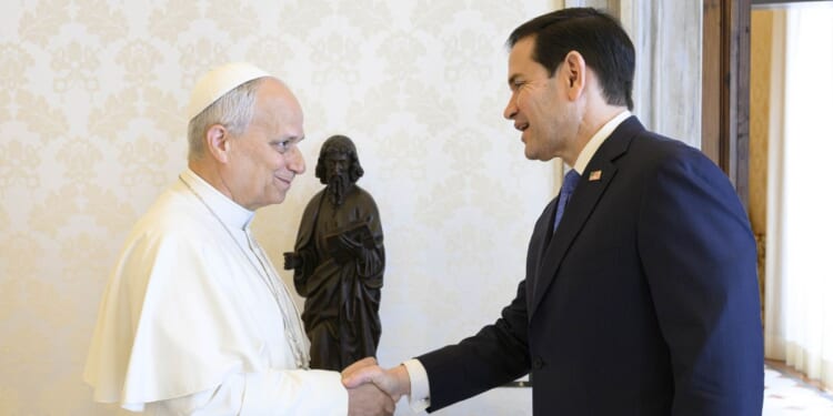 U.S. Secretary of State Marco Rubio meets with Pope Leo XIV at the Apostolic Palace in Vatican City, Vatican on May 7, 2026.