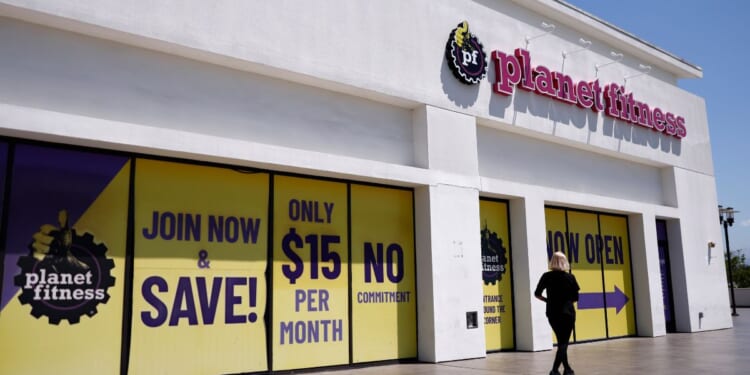 The Planet Fitness logo is displayed at a Planet Fitness gym on May 7, 2026, in Pasadena, California.