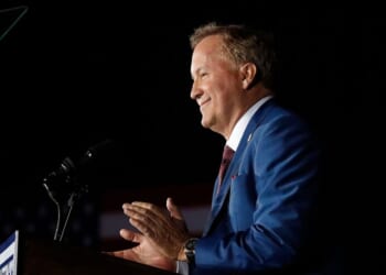 Texas Attorney General Ken Paxton speaks at an election night watch party held by the Lone Star Liberty PAC at the Dallas/Plano Marriott at Legacy Town Center on May 26, 2026, in Plano, Texas.