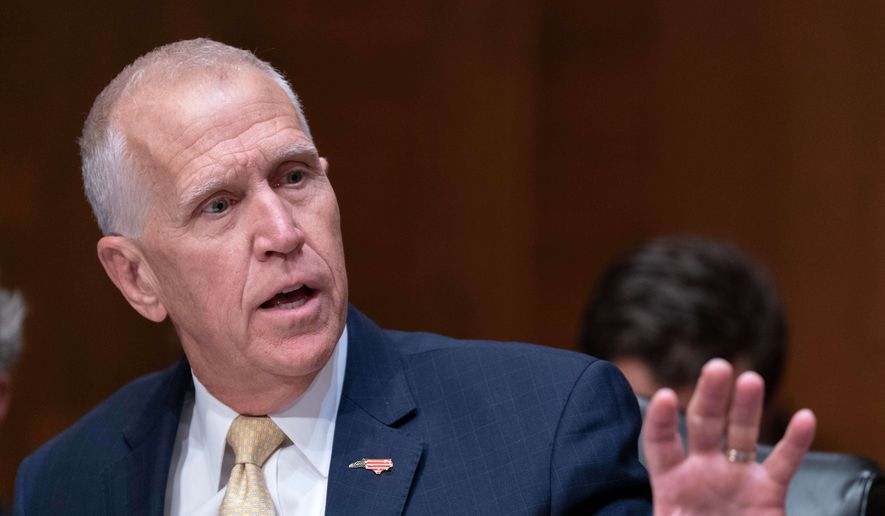 Sen. Thom Tillis, R-N.C., speaks during the confirmation hearing of Kevin Warsh, nominee for Federal Reserve chair, on Capitol Hill, in Washington Tuesday, April 21, 2026. (AP Photo/Jose Luis Magana)