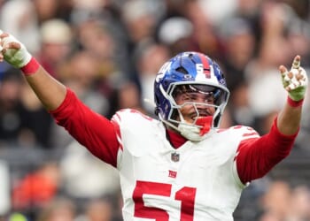 Abdul Carter of the New York Giants reacts after a flag during the second quarter of the game against the Las Vegas Raiders at Allegiant Stadium on Dec. 28, 2025, in Las Vegas, Nevada.