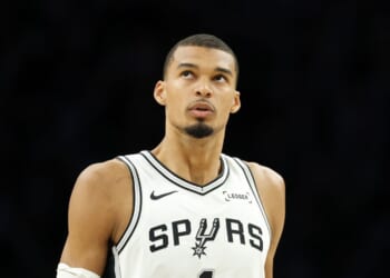 Victor Wembanyama of the San Antonio Spurs looks on during the first quarter against the Minnesota Timberwolves in Game Four of the Second Round of the NBA Western Conference Playoffs at Target Center on May 10, 2026, in Minneapolis, Minnesota.