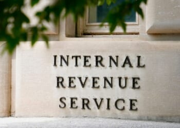 Internal Revenue Service lettering can be viewed on a brick on the IRS Headquarters on May 4, 2021.