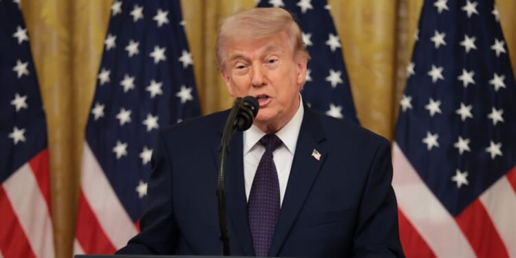 President Donald Trump speaks during the swearing-in ceremony for the new Chairman of the Federal Reserve, Kevin Warsh, in the East Room of the White House on May 22, 2026, in Washington, D.C.