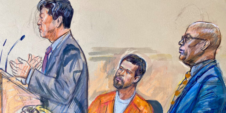 A courtroom sketch of defendant Cole Tomas Allen entering a plea on Monday.