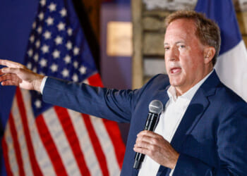 Texas Attorney General Ken Paxton, a Republican candidate for the U.S. Senate, speaks to attendees during a campaign rally May 19, 2026.