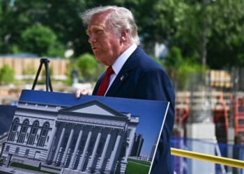 President Donald Trump speaks to the press near the construction site of his proposed ballroom at the White House in Washington, D.C., on May 19, 2026.