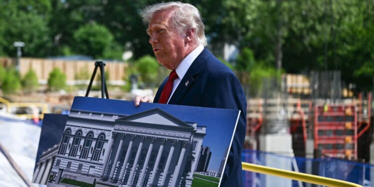 President Donald Trump speaks to the press near the construction site of his proposed ballroom at the White House in Washington, D.C., on May 19, 2026.