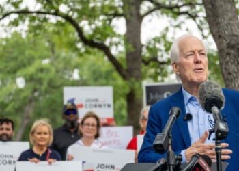 Sen. John Cornyn speaks during a news conference after casting his vote during early voting in the primary runoff at the Circle C Community Center on May 18, 2026, in Austin, Texas.