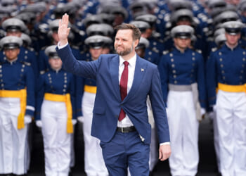 Vance waves at U.S. Air Force commencement ceremony. Pool/Getty Images