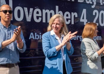 Governor Abigail Spanberger, Virginia State Attorney General Jay Jones, and State Senator Ghazala Hashmi appear at a campaign stop on June 26, 2025.