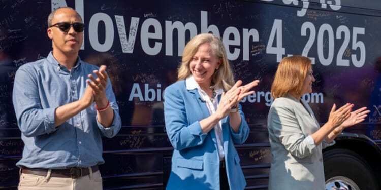 Governor Abigail Spanberger, Virginia State Attorney General Jay Jones, and State Senator Ghazala Hashmi appear at a campaign stop on June 26, 2025.