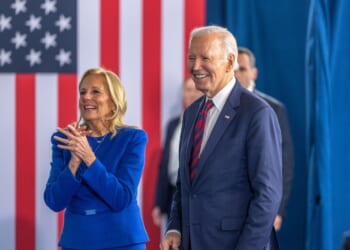 President Joe Biden and first lady Jill Biden exit the stage after the President spoke at the International African-American Museum on Jan. 19, 2025, in Charleston, South Carolina.