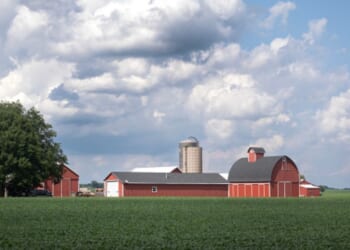 A farm sits on a hill of rolling plains on Belvidere, Illinois.