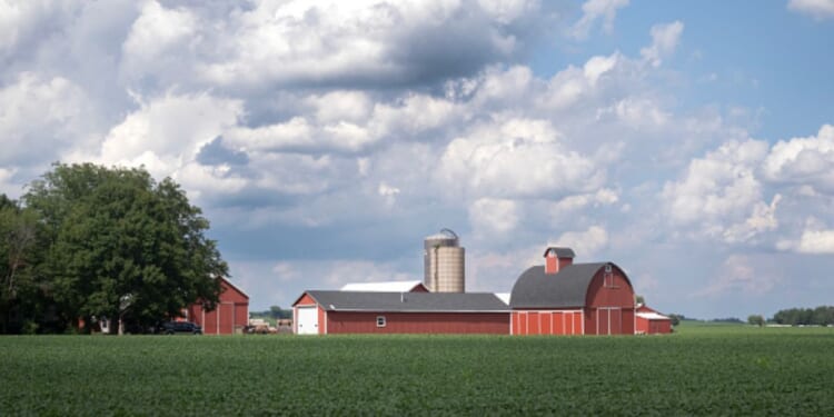 A farm sits on a hill of rolling plains on Belvidere, Illinois.
