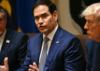Secretary of State Marco Rubio speaks alongside Secretary of the Interior Doug Burgum and President Donald Trump during a meeting in the Cabinet Room of the White House in Washington, D.C., on May 27, 2026.