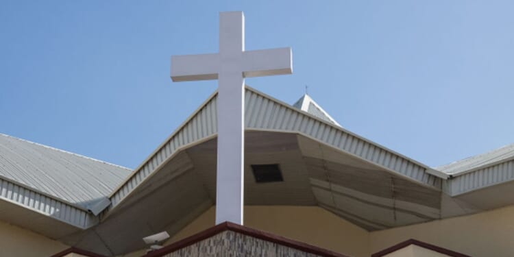 A cross is displayed outside the Ekklesiyar Yan'uwa, a Nigeria Local Church Council in Maiduguri on Dec. 27, 2025.