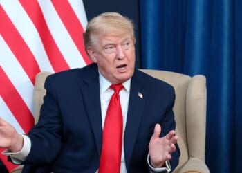 President Donald Trump speaks during a bilateral meeting with the Emir of Qatar, Sheikh Tamim bin Hamad Al Thani, on the sidelines of the G7 summit, on June 16, 2026, in Evian-les-Bains, France.