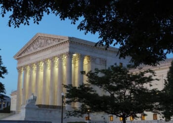 The U.S. Supreme Court is seen at dusk on June 2, 2026, in Washington, D.C.