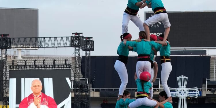 Catalonia’s famed human tower climbers greet Pope Leo in Barcelona