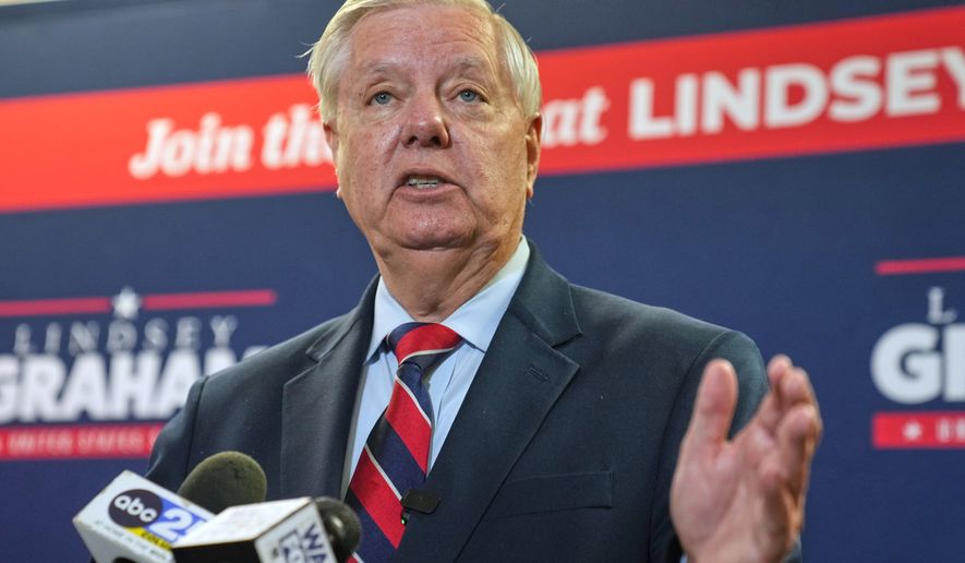 FILE - Sen. Lindsey Graham, R-S.C., speaks with supporters after filing his reelection paperwork, March 16, 2026, in Columbia, S.C. (AP Photo/Meg Kinnard, File)