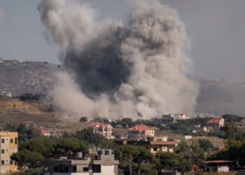 An Israeli army airstrike leaves a plume of smoke behind in Nabatieh, Lebanon, on June 19, 2026.
