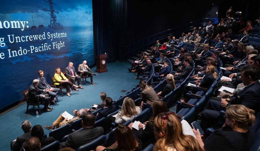 Bryan Clark of the Hudson Institute; Rep. Pat Harrigan, North Carolina Republican; Rebecca J. Gassler of the Department of the Navy; and J.R. Gear of L3Harris Technologies appeared on panel hosted by Times National Security Correspondent Ben Wolfgang during a Times Threat Status event at the U.S. Navy Memorial in Washington, D.C., on June 24, 2026. Photo credit: Eleanor Kaufman, special to The Washington Times.