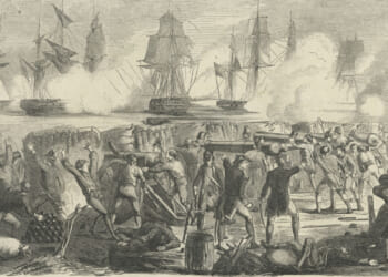 Sepia-toned painting of the June 28, 1776 attack on Fort Moultrie in Charleston.