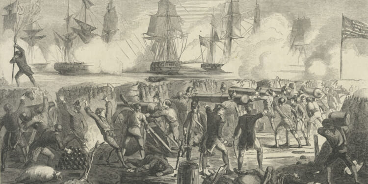 Sepia-toned painting of the June 28, 1776 attack on Fort Moultrie in Charleston.