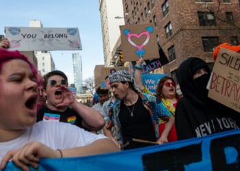 Activists march through Manhattan in March 2025 during a Trans Day of Visibility protest.