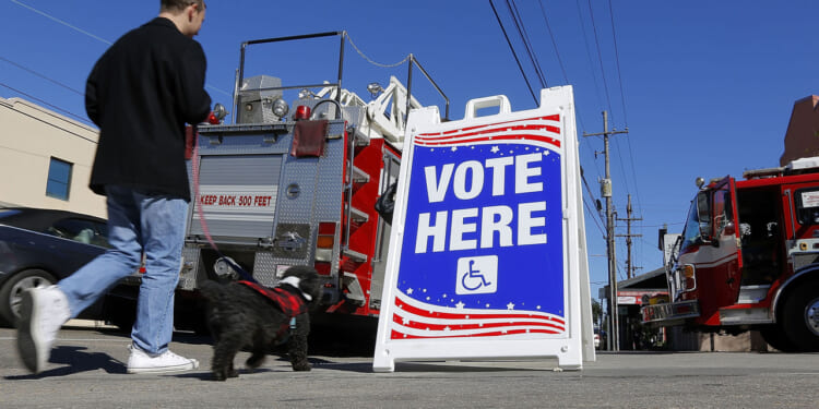 A man walks a dog past a polling station on December 10, 2016 in New Orleans, Louisiana. Louisiana residents head to the polls on Saturday to select a U.S. Senator in a runoff election between Democratic candidate Foster Campbell and Republican candidate John Kennedy. (Photo by Jonathan Bachman/Getty Images)