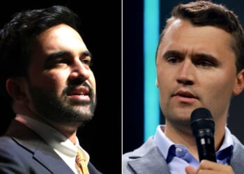 Turning Point USA founder Charlie Kirk, right, warned of the rise of socialist leaders like New York City Mayor Zohran Mamdani, left.