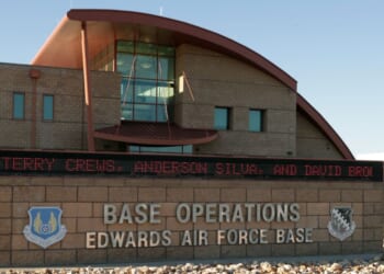 The Base Operations building at Edwards Air Force Base, California, is seen in a file photo from 2017.