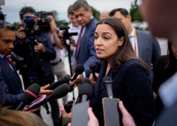 Rep. Alexandria Ocasio-Cortez, a New York socialist Democrat, speaks to members of the media on May 21 outside the U.S. Capitol Building in Washington, D.C