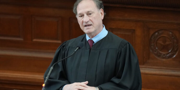 Supreme Court Justice Samuel Alito speaks during the investiture ceremony for Texas Supreme Court justices Kyle Hawkins and James Sullivan at the Capitol in Austin on Thursday, May 7, 2026. (Jay Janner/The Austin American-Statesman via Getty Images)