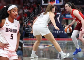 Angel Reese, left, of the Atlanta Dream made it clear she thought her rival, Indiana Fever's Caitlin Clark, far right, was exaggerating the impact of their contact during Thursday's game.