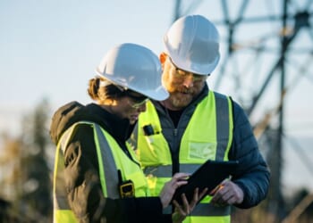 A man and a woman stand at a utility center as they stare at a tablet.