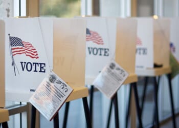 Voting booths stand ready at Hermosa Beach City Hall in California.