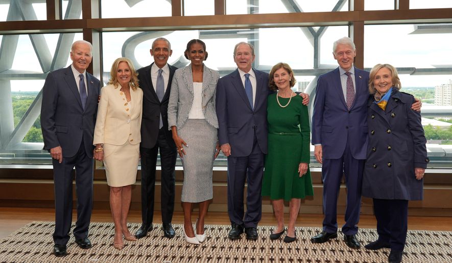 Former President Joe Biden and former first lady Jill Biden, from left, former President Barack Obama and former first lady Michelle Obama, former President George W. Bush and former first lady Laura Bush, and former President Bill Clinton and former Secretary of State Hillary Clinton, pose for a photo ahead of the dedication ceremony at the Obama Presidential Center, Thursday, June 17, 2026, in Chicago. (AP Photo/Pablo Martinez Monsivais, Pool)