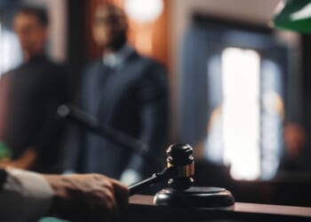 A judge strikes with his gavel in a courtroom.