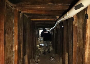 A National Guard agent inspects an illegal tunnel bound to El Paso, at the Mexico-U.S. border in Ciudad Juarez, Mexico, on Jan. 18, 2025.