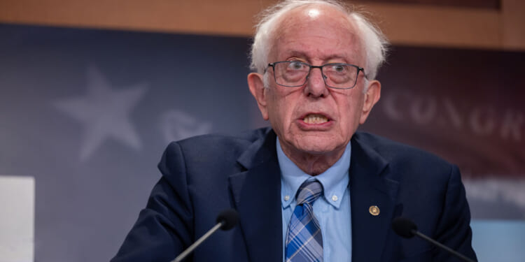Senator Bernie Sanders (I-VT) speaks at a press conference.