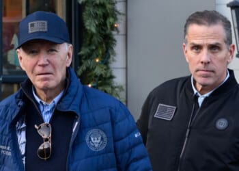 A photo shows President Joe Biden and son Hunter Biden stepping out of a bookstore while shopping in Nantucket, Massachusetts, on Nov. 29, 2024.