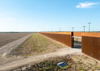 In an aerial view, a section of border fencing is seen on Oct. 15, 2025, in La Casita-Garciasville, Texas.
