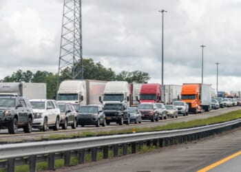 A section of I-95 near Jacksonville, Florida, with a long line of cars stuck in a traffic jam on July 6, 2021.