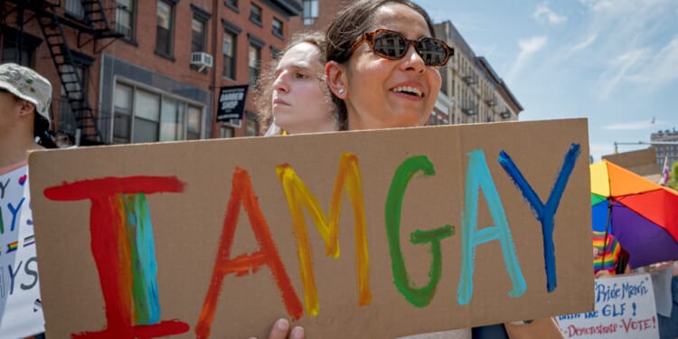 Woman holding a sign that says "I am gay"