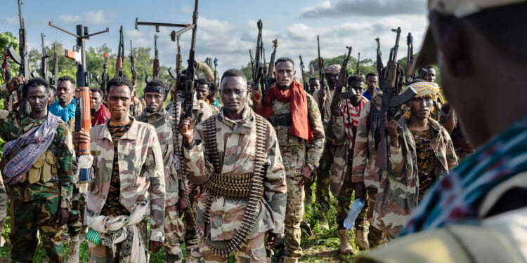 Soldiers of the Somalia National Army (SNA) raise their weapons when they gathered near their camp for a talk from visiting senior officers at Awdheegle, one of several towns recently liberated from the Al-Qaeda-linked militants, Al-Shabaab.