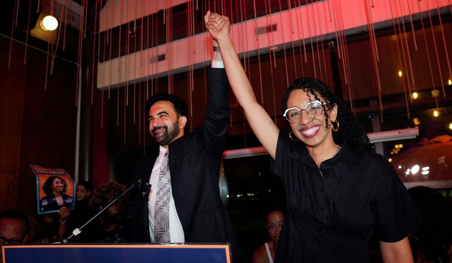 New York City Mayor Zohran Mamdani, celebrates with Democratic congressional candidate Darializa Avila Chevalier during an election night watch party Tuesday, June 23, 2026, in New York. (AP Photo/Seth Wenig)