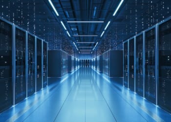 Interior view of a futuristic data center designed for artificial intelligence processing.