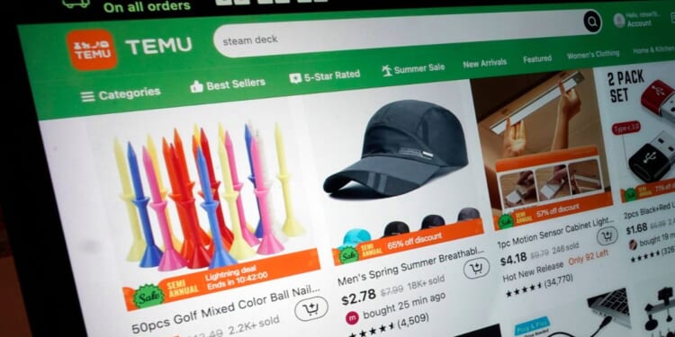 The Temu website user interface is shown on a computer.
